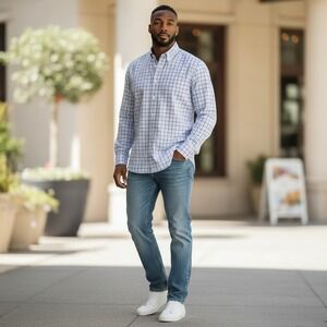 Proper Cloth‎ Mens Purple Blue Check Button Down Dress Shirt 18.5-36 AC1073258A1